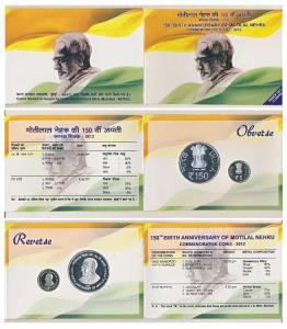 2012 Proof Set, 150th Birth Anniversary of Motilal Nehru, set of 2, Rupees 5 and 150. In i