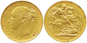 Australia, Victoria, Gold Sovereign, 8g, 1882, young head, ’M’ mint mark for Melbourne Min