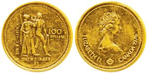 Canada, Gold $100, 13.34g, 0.58 fineness, Montreal Olympics, 1976 (KM 115). Uncirculated.