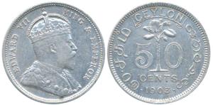 Ceylon, Edward, Silver 50 Cents, 1903 (KM 99). Very Fine+, Rare.
