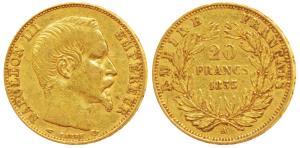 France, Napoleon III, Gold 20 Francs, 6.44g, 1855A, Paris Mint, obv. bare head, rev. value