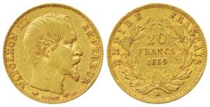 France, Napoleon III, Gold 20 Francs, 6.40g, 1859 A, Paris Mint, obv. bare head, rev. valu