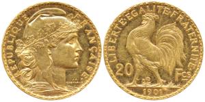 France, Gold 20 Francs, 6.5g, 1901, Liberty on obv. rooster divides value on rev. (KM 857)