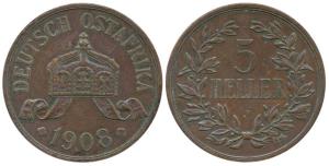 German East Africa, Copper 5 Heller, 1908 J, (KM11). Extremely Fine, Scarce.