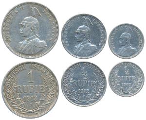 German East Africa, Wilhelm II, Silver Rupie, ½ and ¼ Rupee, 1912J, 1912J and 1907J (KM 8,