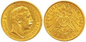 Germany, Prussia, Wihelm II, Gold 20 Mark, 8g, Berlin Mint, 1908 A. (KM 521). Very Fine+, 