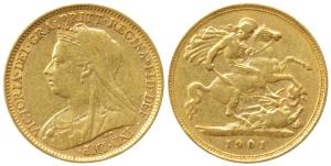 Great Britain, Victoria, Gold ½ Sovereign, 4g, 1901, veiled head, (KM 784). Very Fine.