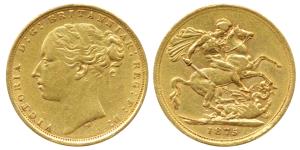 Great Britain, Victoria, Gold Sovereign, 8g, 1875, Young head, St. George slaying a dragon