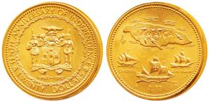 Jamaica, Gold $20, 15.8g, 0.50 fineness, 10th Anniversary of Independence, map of the isla