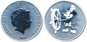 Niue, Elizabeth II, Silver $2, 31.29g, 2017 rev. an iconic image of Mickey Mouse the Walt 