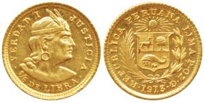 Peru, Gold 1/5 Libra (Pound), 1.63g, 1913, Trade Coinage, struck at Lima, (KM 210). Uncirc