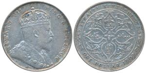 Straits Settlements, Edward VII, Silver Dollar, 20.14g, 1907, rev. artistic design within 