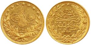 Turkey, Muhammad VI, Gold 100 Kurush, 7.23g, AH 1293/35 (KM 821). Extremely Fine.