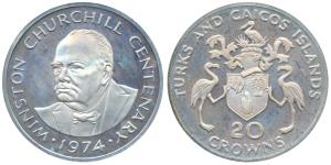 Turks and Caicos Islands, Silver 20 Crowns, 38.7g, 1974, Winston Churchill Birth Centenary