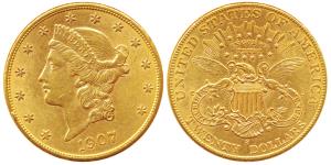 United States of America, Gold $20, 33.4g, 1907, Liberty head on obv., motto above eagle o