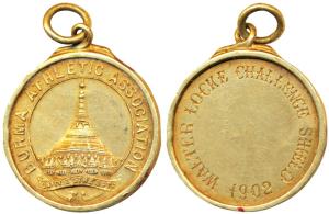 Burma Athletic Association, Gold Medal, 8.84g, obv. the Sule Pagoda in center, Unity is st