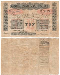 Government of India, Uniface, Rupees 10, red under print, Calcutta Circle, signed R. W. Gi