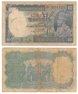 George V, Rupees 10, 3rd issue, 1933, signed J. B. Taylor, thick paper variety, prefix M (