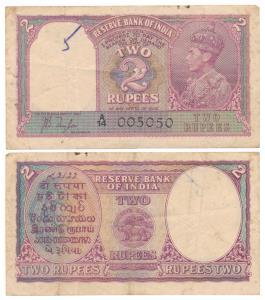George VI, Rupees 2, 1943, signed J. B. Taylor, Prefix A (J&R 4.2.1). Very Fine.