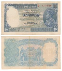 George VI, Rupees 10, 1st issue, 1938, signed J. B. Taylor, Prefix H (J&R 4.5.1). Very Fin
