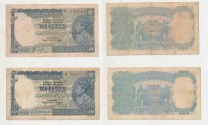 George VI, Rupees 10, 1st issue, 1938, signed J. B. Taylor and 1944, signed C.D. Deshmukh,