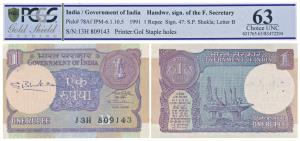 Rupee 1, 1991, signed S. B. Shukla, signed autograph of the Governor in the watermark area