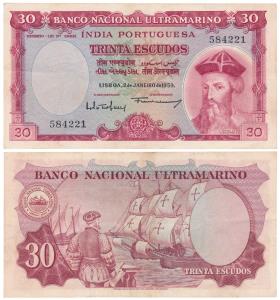 Indo-Portuguese, 30 Escudos, 7th issue, 1959, Banco Nacional Ultramarino, (J&R 12.35.4).Ex
