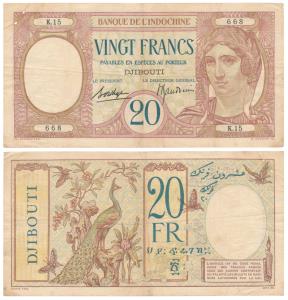 Djibouti, 20 Francs, rev. a nice peacock with butterflies, 1926 to 1938 issue. Very Fine, 