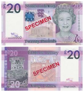 States of Jersey, Elizabeth II, Pounds 20, Specimen written across the note on obverse & r