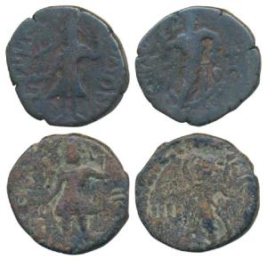 Kushanas, Kanishka I, Copper ¼ Unit (2), 3.81g and 3.93g, obv. king standing, holding trid