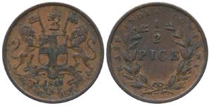 Copper ½ Pice, 1853, Calcutta Mint. Very Fine+.