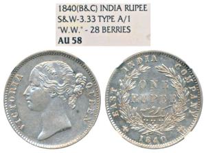 Victoria Queen, Silver Rupee, 1840, Divided Legend, Calcutta / Bombay Mint, WW raised, obl