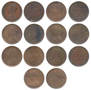 Victoria Queen, Copper ¼ Anna, 1875, 1876, 1877(2), 1882, 1897(2). About Very Fine to Very