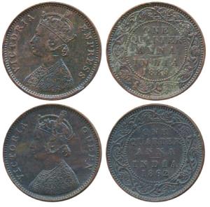 Victoria Empress, Copper ¼ Anna (2), 1889, Bombay Mint; 1862, Calcutta Mint. Extremely Fin