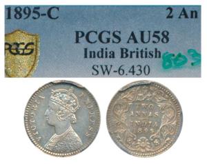Victoria Empress, Silver 2 Annas, 1895, Calcutta Mint, B / II / C incuse (Prid 510).Graded