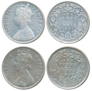 Victoria Empress, Silver Rupee, 1901, Bombay Mint, A3 / I / B incuse; Calcutta Mint, C3 / 