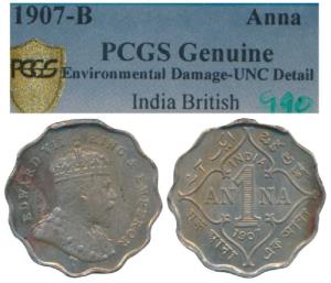 Edward VII, Cupro-Nickel Anna, 1907, Bombay Mint, B incuse, (Prid 926). Graded by PCGS UNC