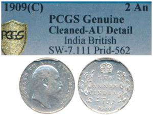 Edward VII, Silver 2 Annas, 1909, Calcutta Mint, (Prid 562). Graded by PCGS AU Detail, cle