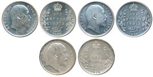 Edward VII, Silver Rupee, 1905, Bombay Mint; 1908 & 1910, Calcutta Mint. About Uncirculate