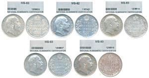 Edward VII, Silver Rupee (5), 1905, 1906 & 1907 Bombay Mint; 1906 &1907 Calcutta Mint. Ver