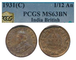 George V, Bronze 1/12th Anna, 1931, Calcutta Mint, (Prid 845). Graded by PCGS MS63BN.