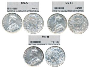 George V, Silver Rupee (3), 1912, 1913 & 1919, all Bombay Mint. Uncirculated, all graded b