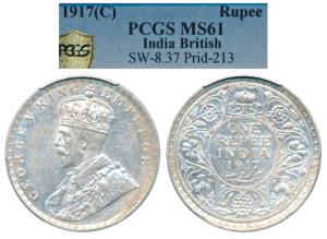 George V, Silver Rupee, 1917, Calcutta Mint, (Prid 213). Graded by PCGS MS61.
