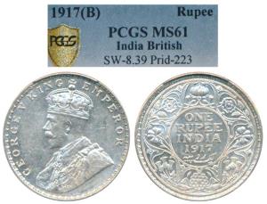 George V, Silver Rupee, 1917, Bombay Mint, (Prid 223). Graded by PCGS MS61.