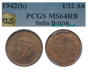 George VI, Bronze 1/12th Anna, 1942, Bombay Mint, (Prid 863). Graded by PCGS MS64RB.