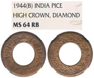 George VI, Bronze Pice, 1943, Bombay Mint, High Crown, Diamond, (Prid 701). Graded by NGC 