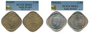 George VI, Cupro-Nickel, 2 Annas, 1941, Bombay Mint; 1943, Bombay Mint, 2nd head, dot befo