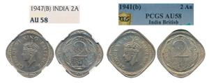 George VI, Cupro-Nickel, 2 Annas, 1941, Bombay Mint; 1947, Bombay Mint. 2nd head, dot befo