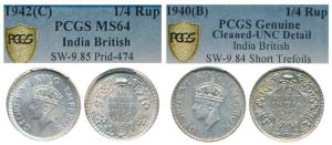 George VI, Half Silver ¼ Rupee, 1940, Bombay Mint, 2ndHead, (Prid 462); 1942, Calcutta Min