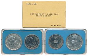 1975 Uncirculated Set, Equality Development and Peace, set of 2, Rupees 10 and 50. In imma